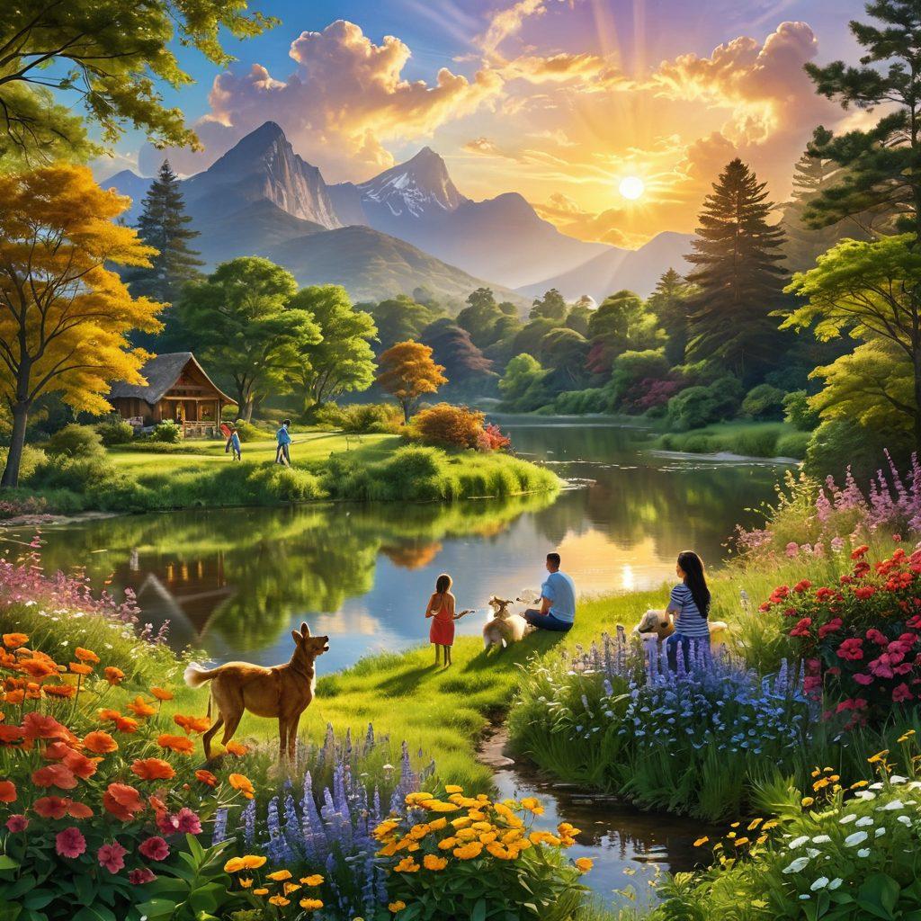 A serene landscape featuring a diverse group of people engaging in joyful activities in nature, surrounded by lush greenery and colorful flowers, symbolizing harmony and happiness. The sun casts a warm golden glow, reflecting the essence of 26C tranquility, with playful animals nearby, evoking a sense of joy and unity. The sky is clear with soft clouds, enhancing the uplifting mood. vibrant colors. super-realistic.