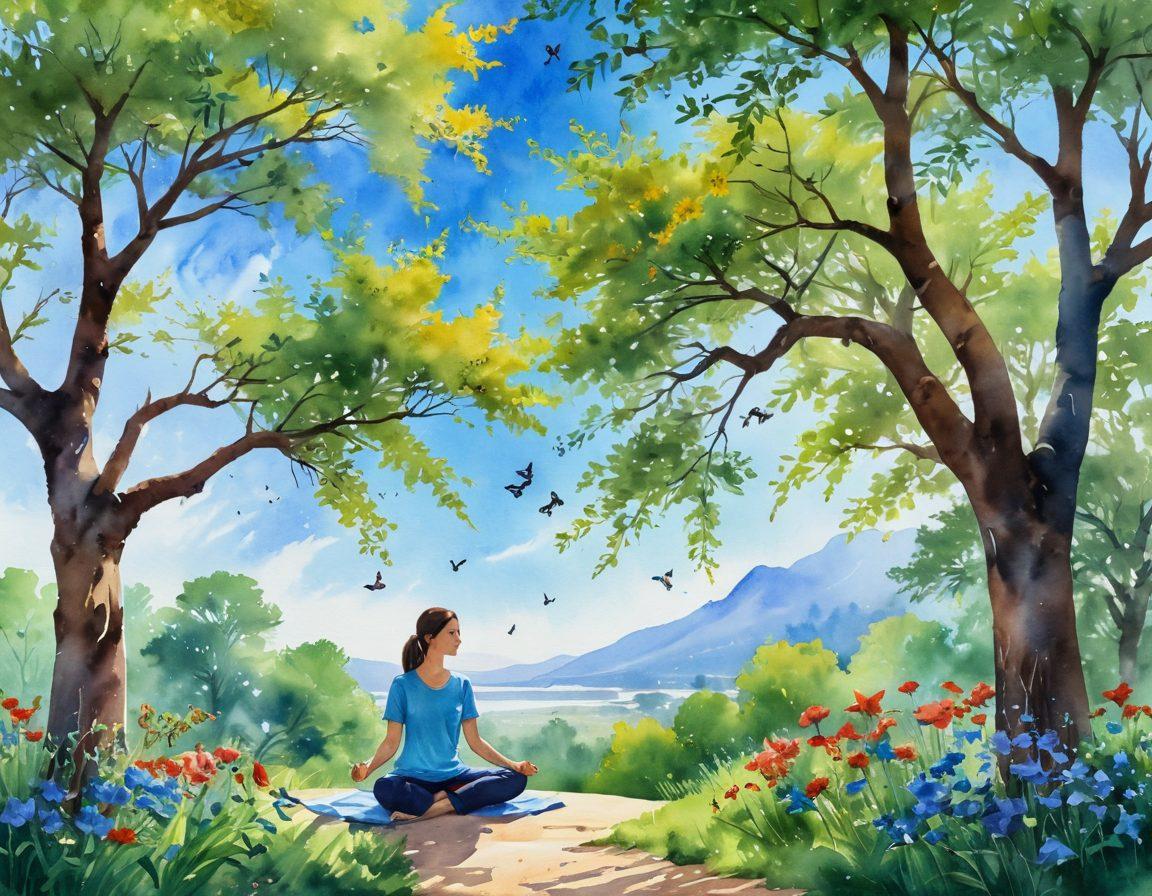 A serene landscape depicting a vibrant 26C climate, showcasing lush greenery, blooming flowers, and a clear blue sky. Include a peaceful person meditating under a sunlit tree, surrounded by birds and butterflies to represent blissful existence. The atmosphere should radiate warmth and tranquility, inviting a sense of calm. watercolor painting. vivid colors.