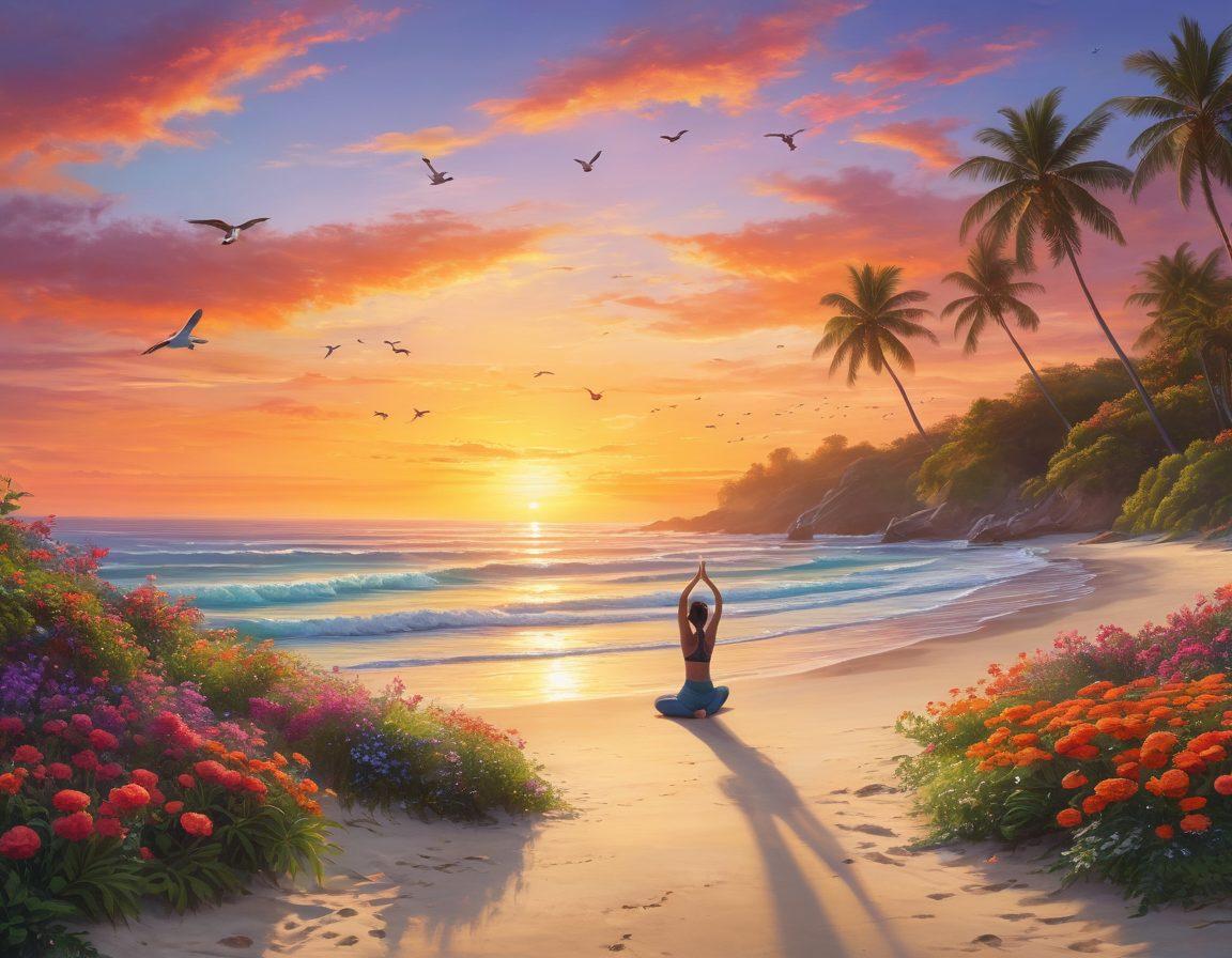 A serene landscape featuring a vibrant sunrise over a peaceful beach, with a person practicing yoga on the sand, surrounded by colorful flowers and lush greenery. The image conveys a sense of tranquility and joy, embodying the essence of a blissful lifestyle. Include soft waves lapping at the shore and birds soaring in the clear sky. super-realistic. vibrant colors. peaceful atmosphere.